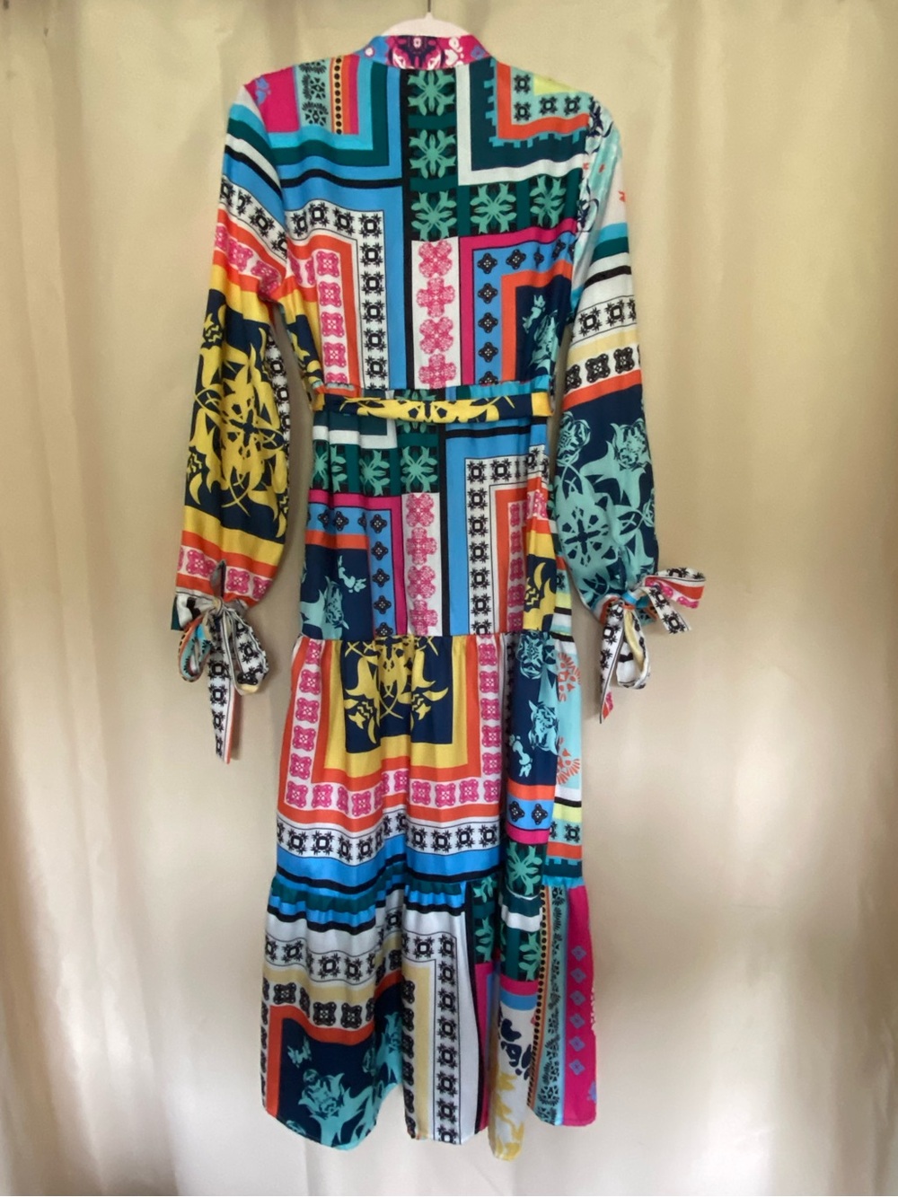Bohemian Patchwork Print Long Sleeve Midi Dress - Multicolor - Picture 2 of 2